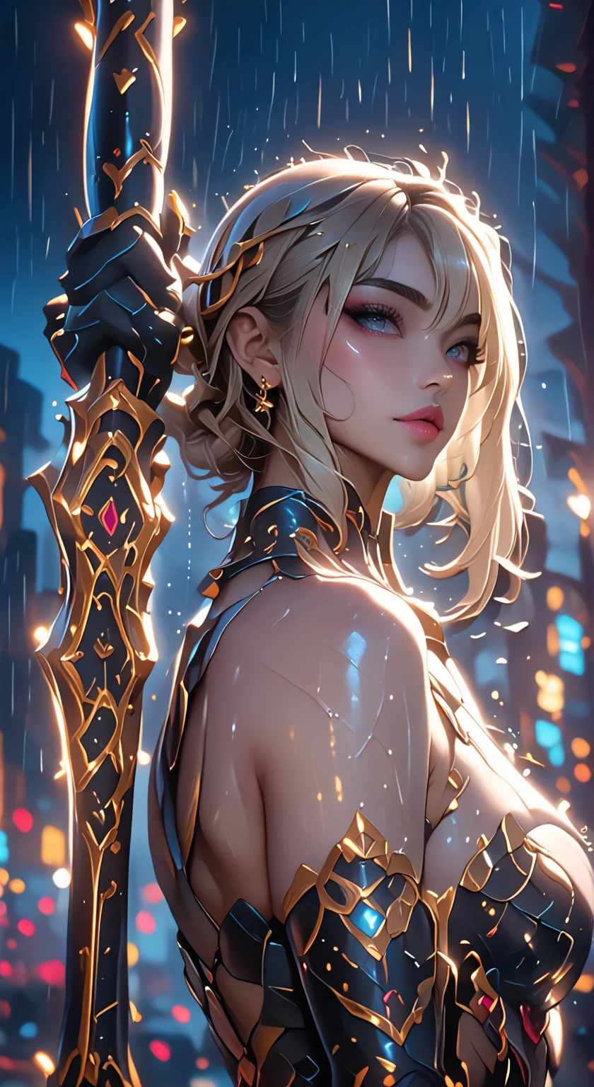 A cute woman (nude, age 25, violet eyes, violet metallic sleeves, violet metallic thigh high boots) is a lightning goddess floating in the storm clouds, held in the air by arcs of lightning
