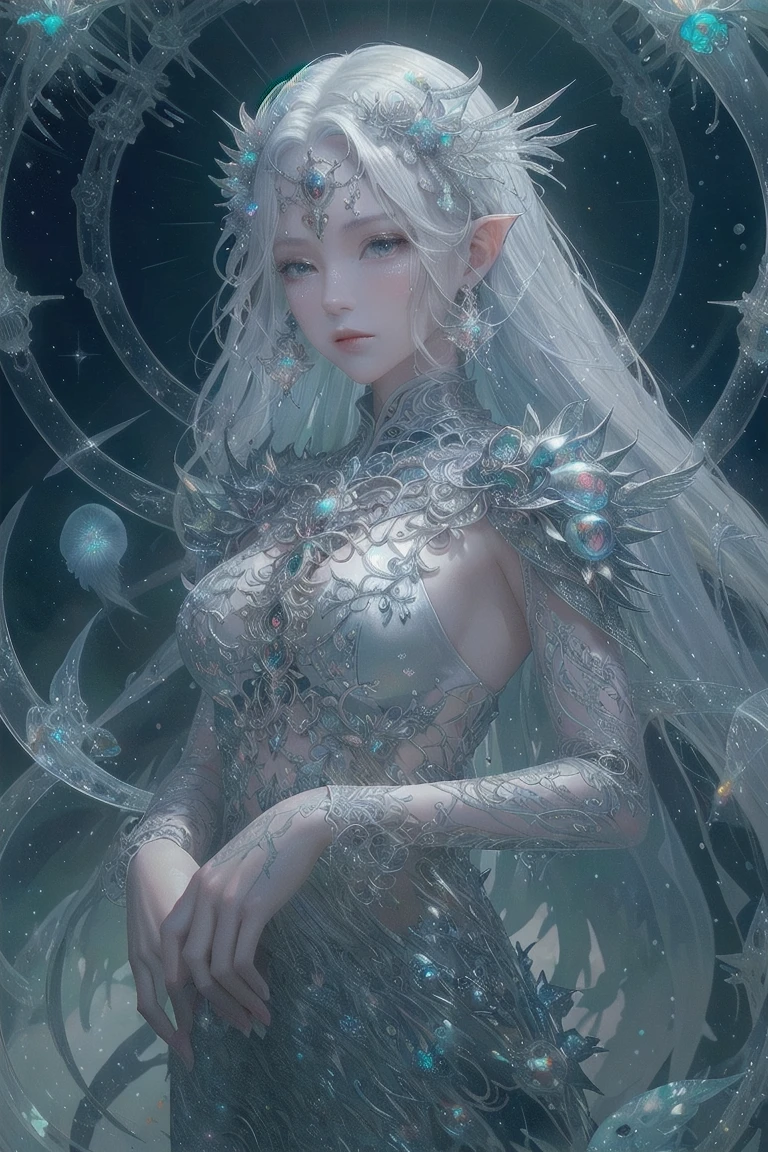 Masterpiece, High Quality, Ocean Forest, City, Fantastic Fantasy, Glowing Plants, Coral Viaduct, (Swarm of Glowing Jellyfish), (Shoal of Fish with Transparent Wings Flying in the Sky), Misty, Extreme Detail, Morning Light, Epic Composition, (Intricate Detail), (Intricate Design, Ultra Detail: 1.2), Art Station, (Masterpiece, Best Quality), Ultra HD, 32k ,castle,1girl