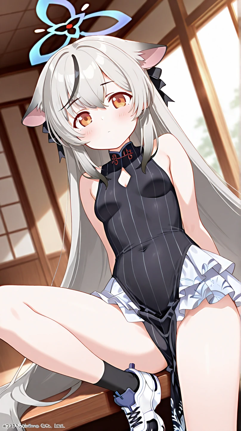 source_anime, anime style, 1girl, kokona-nosleeves,kokona \(blue archive\),orange eyes,multicolored hair,very long hair,animal ears,halo,black dress,(pelvic curtain:1.2),(white skirt:1.2),bare arms,black socks, saliva, cum in mouth, cum on face, cum on body, seductive smile, close up
