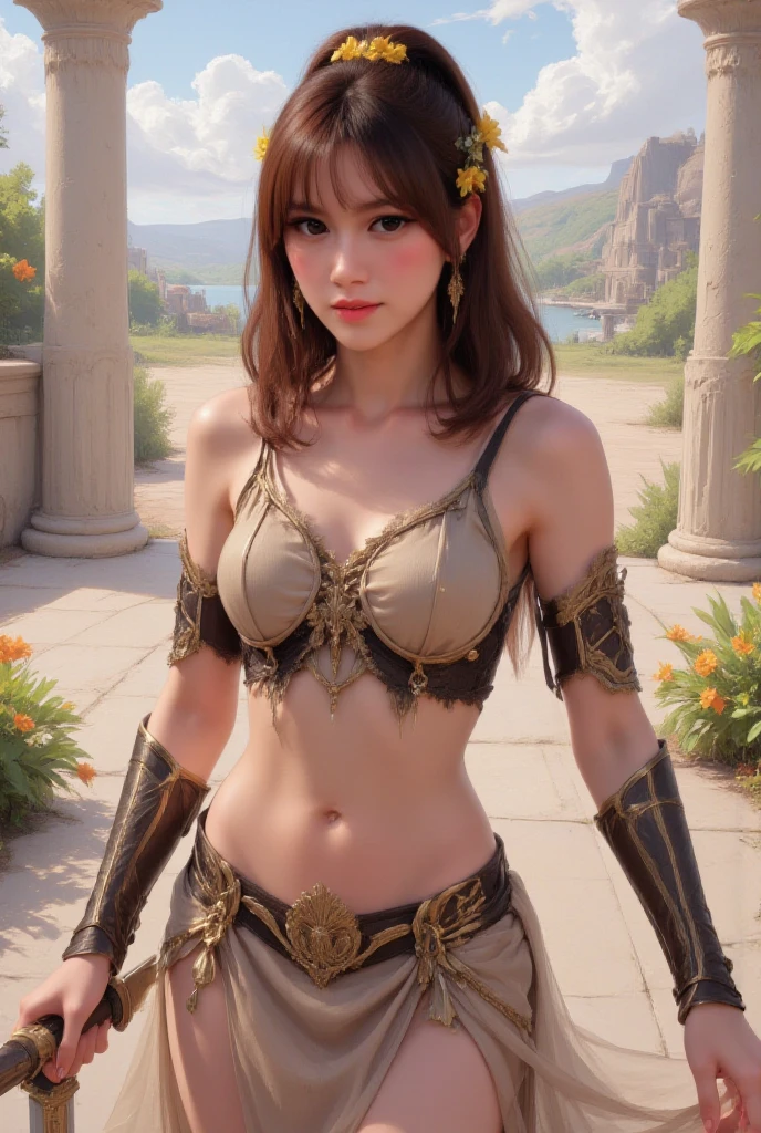 stunning girl, wearing a two piece fantasy outfit, ((huge bust)), long hair, mushroom fantasy world, camera, symmetrical eyes, symmetrical face, photorealistic, photography, path tracing, specular lighting, volumetric face light, path traced hair, visible shadows, intricate, elaborate, fantasy