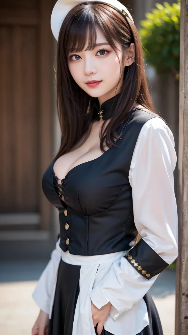 ((highest quality, 8k, masterpiece:1.3)), Upper body, sharp focus:1.2, beautiful woman with perfect figure:1.4, slender abs:1.1, The background is in a tavern in a fantasy world, ((shortcut, big breasts:1.2)), (Wearing an underbust corset, Tight Skirt, dress, Wearing a cloak, はち切れん??りのbig breasts, looking at the viewer:1.2), Highly detailed face and skin texture, detailed eyes, double eyelid, 25 year old woman