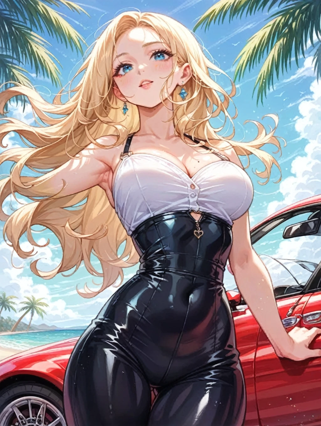 tmasterpiece，（tmasterpiece，top-quality，best qualityer），1girll， jewely，耳Nipple Ring，choker necklace，bangle， hoop earings， ，sun glasses， Long hair and long meat， Blonde hair，Black color hair，Silvery-white hair，Maroon hair， solo， ssmile， looking at viewert， motorvehicle，The Car， Sports cars，groundvehicle， Sat down， exteriors， daysies， nedium breasts，Open navel， dark skinned female， floral patterns， grinning smile，collars，Laser cloth，Sexy bikini，laser，holy rays，gold foil，Gold leaf art，glitter drawing，Correct anatomy，Detailed face, Detailed eyes，Chest exposed，