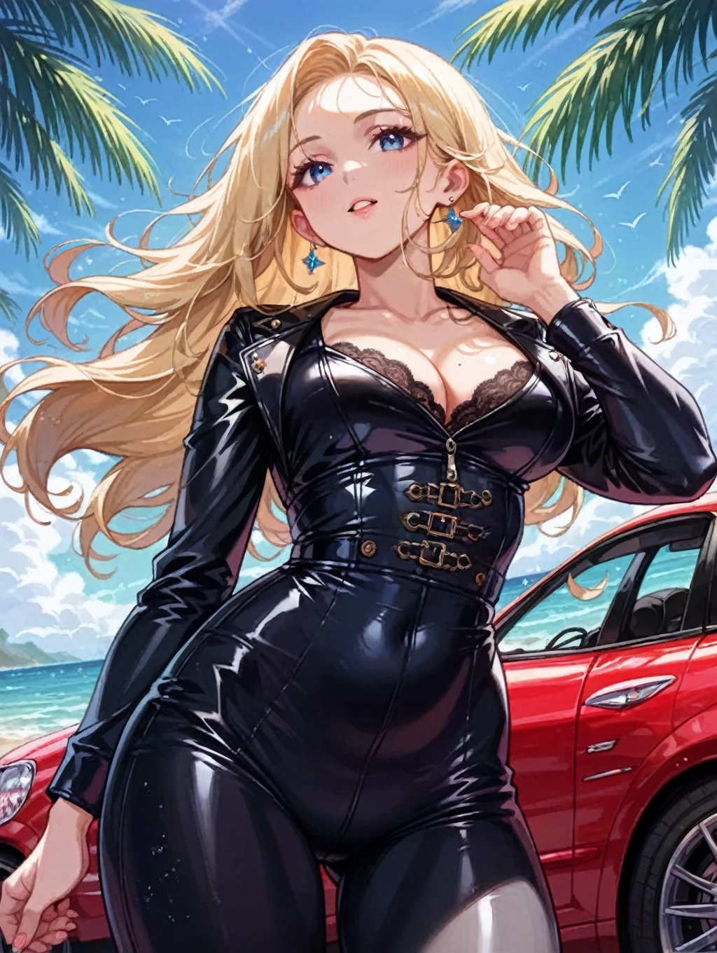 (1 girl, solo, (sexy sit over a car's trunk) ), (girl is (redhead long hair), perfect body, detailed olive eyes, sunglasses, (one shoulder gold mini dress, cleavage):1.1), (background palm, tropical weather)
