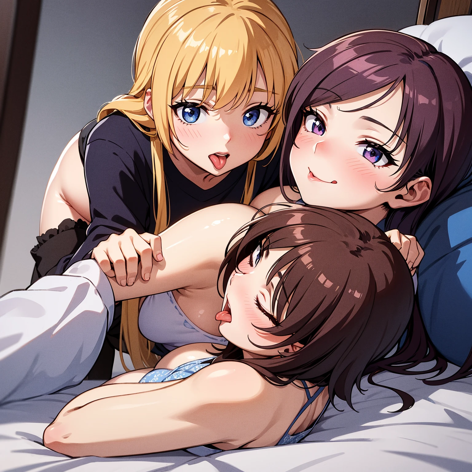 (((NSFW)))、highest quality、masterpiece Lesbian joy beautiful girl Black and blonde ponytail On the bed. 、Small breasts、2 girls,massage the breasts,Rubbing breasts from behind