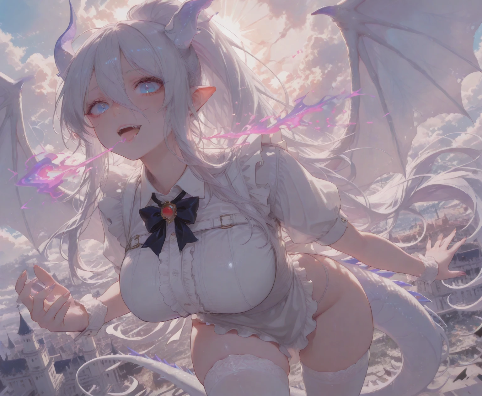 ,NSFW,bottomless,(((Pissing))),masterpiece、Super detailed、big breasts、young girl,、long gray hair, high ponytail, pink eyes, bat wings, black dress,open the thighs、squat、 can lick female genitals、pussy,anal,pubic hair,small areola,pubic hair、yellow liquid、dissatisfied look, masterpiece, high quality and beautiful,, pretty girl, very detailed and delicate,very detailed and beautiful,美しい and clear background、highest quality、Raw photo、(Photoreal:1.1)、very detailed、Mountain、Lake with nice view、Angle from the side