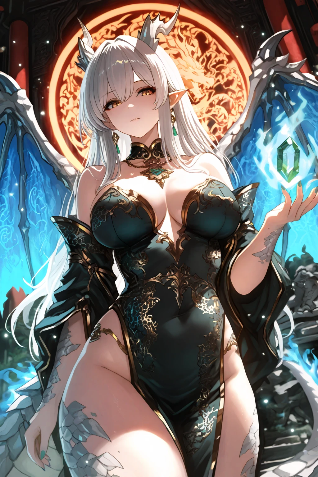 Anime Kawaii sexy Perfect Slim sensual body large breast and huge thighs, An intricate and highly detailed illustration of アニメ (Young girl). work of art, high qualiy, 4K, HDR, ancient castle, a one woman, marble texture, brick texture, feather texture, grumpy, looking ahead at viewer, gaping mouth, long hair, Blunt cut, Blunt bangs, silver hair, Red hair, two tone hair, Eyes red, anomalous eyes, blue colored eyes, jitome, pale skin, skin fair, toned body, voluptuous, curved, beauty brand, chifres vermelhos e pretos Spitzs na cabeça, a black halo above the head, with devil wings on his back, grown-up, dark fancy, fancy, comely, アニメ, Spitz, cowboy shot, facing the front, from front view, from low, low angle shot, moonlights, gothic fancy setting, medium breasts