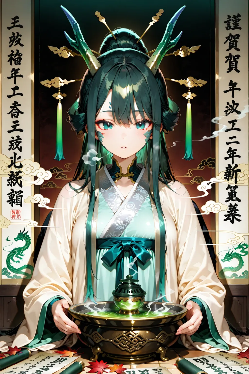 (Best quality, masterpiece), 1 girl sex, (simple white background: 1.2), black and green hair, ancient Chinese handsome, upper body, ID photo, close-up, long hair,