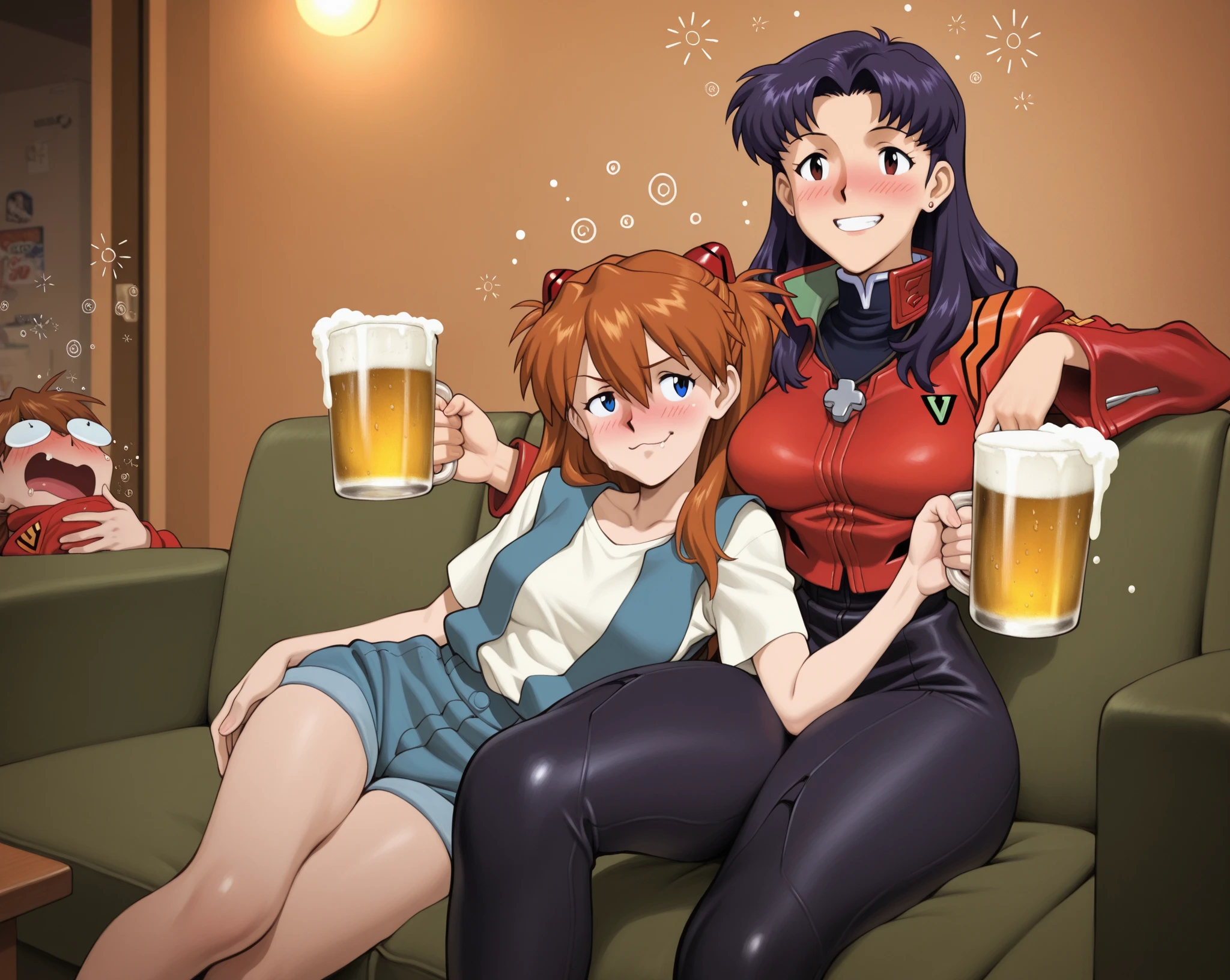 score_9, score_8_up, score_7_up, score_6_up, score_5_up, score_4_up, (source_anime), 2girls, evangellion, asuka langley (small breasts), katsuragi misato (big breasts), yuri, Messy apartment, full body, breast sucking, Table, beer cans, drunk, Junk on the floor, breast milk, Surprised, Low Illumination
