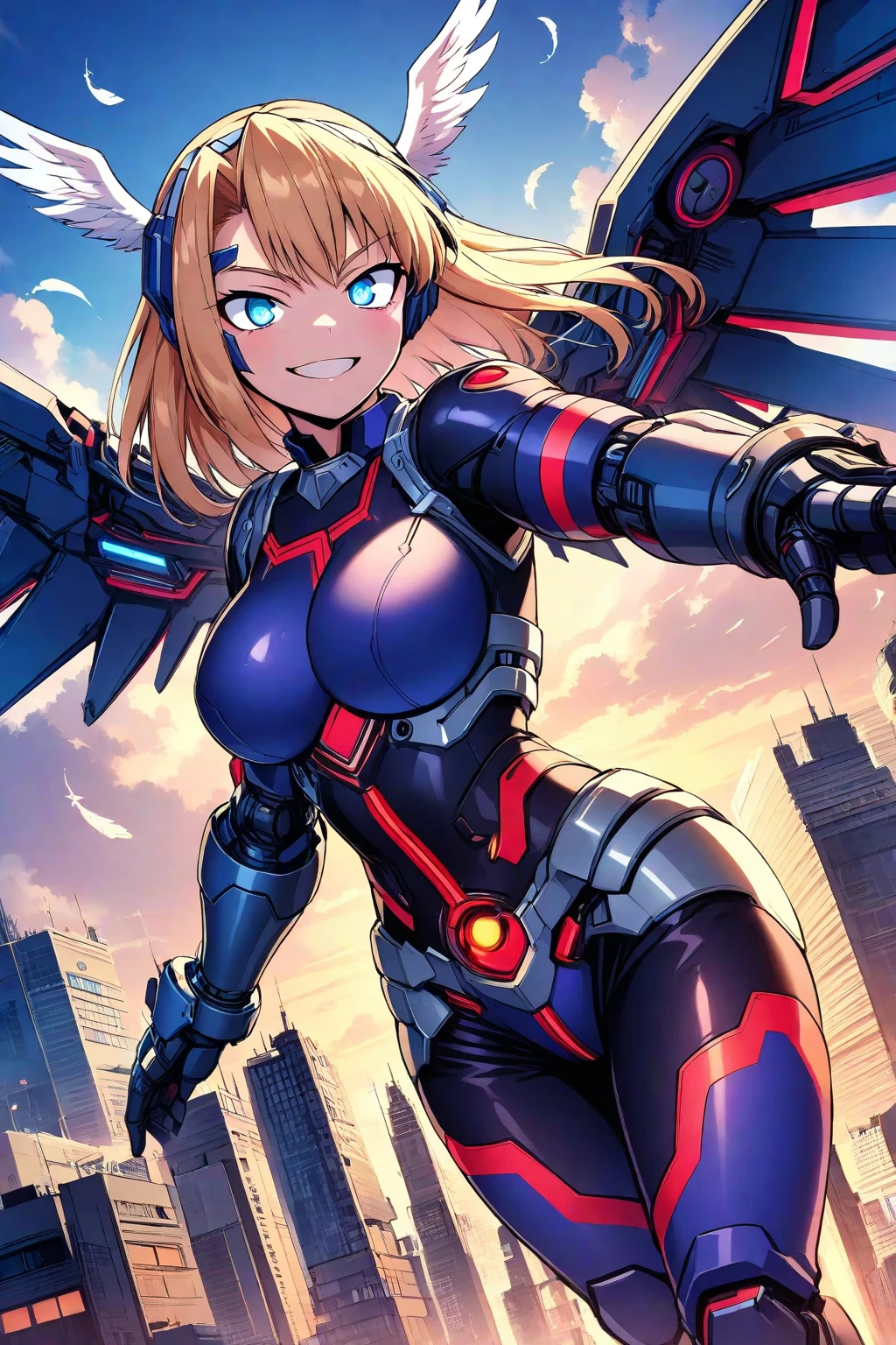
(Top Quality, 16k, Super Detailed, Detailed Face), (Masterpiece), (Perfect Anatomy: 1.4), ((Cyberpunk)), (Blown Out Skin: 1.4), (1 Girl, Solo ), (Spread out glowing mecha wing unit: 1.3), (Glowing mecha weapon: 1.2), (Mecha light gun), (Cerulean blue sky, future cityscape: 1.3), 17 years old, bright blonde hair, (Two Sides Updo, long hair), medium breasts, navel visible, wide skin area,
