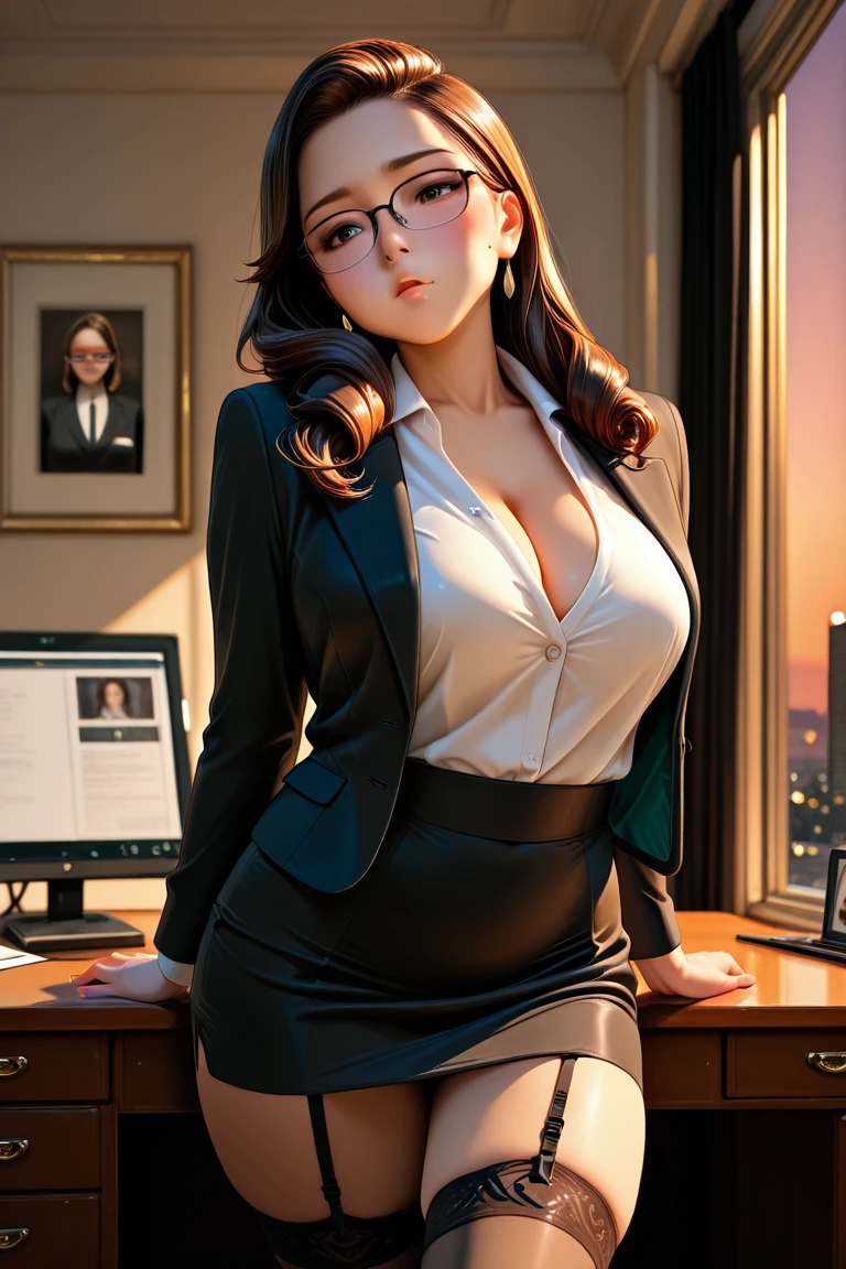 (masterpiece:1.3), (best quality:1.2), (intricate detailed:1.2), (hyperrealistic:1.2), professional photography, ultra-detailed, highly detailed CG illustration, realistic8K UHD, high definition, absurd res, high-quality texture, detailed texture, perspective, finely detailed, high detail, extremely detailed cg, detailed background, background blur, bokeh, depth of field, cinematic light, lens flare, ray trace, high-quality shadow, focus, mature woman, milf, office ladyi:1.2, a woman at the office, office room, table, chairs, plants, window, a realistic representation of the face, a face of perfect proportion, detailed beautiful delicate face, (wearing glasses), evil smile, dark energy, perfect hands, detailed fingers, detailed beautiful delicate eyes, perfect eyes, seductive eyes, brown eye pupil, brown eyes, long hair, huge breasts, office suit, black blazer, black skirt, choker earrings, glasses, black choker, bracelets, earrings, (casual:1.2), sexy pose, tempting, looking at the viewer, full body, cowboy shot, fC-portrait