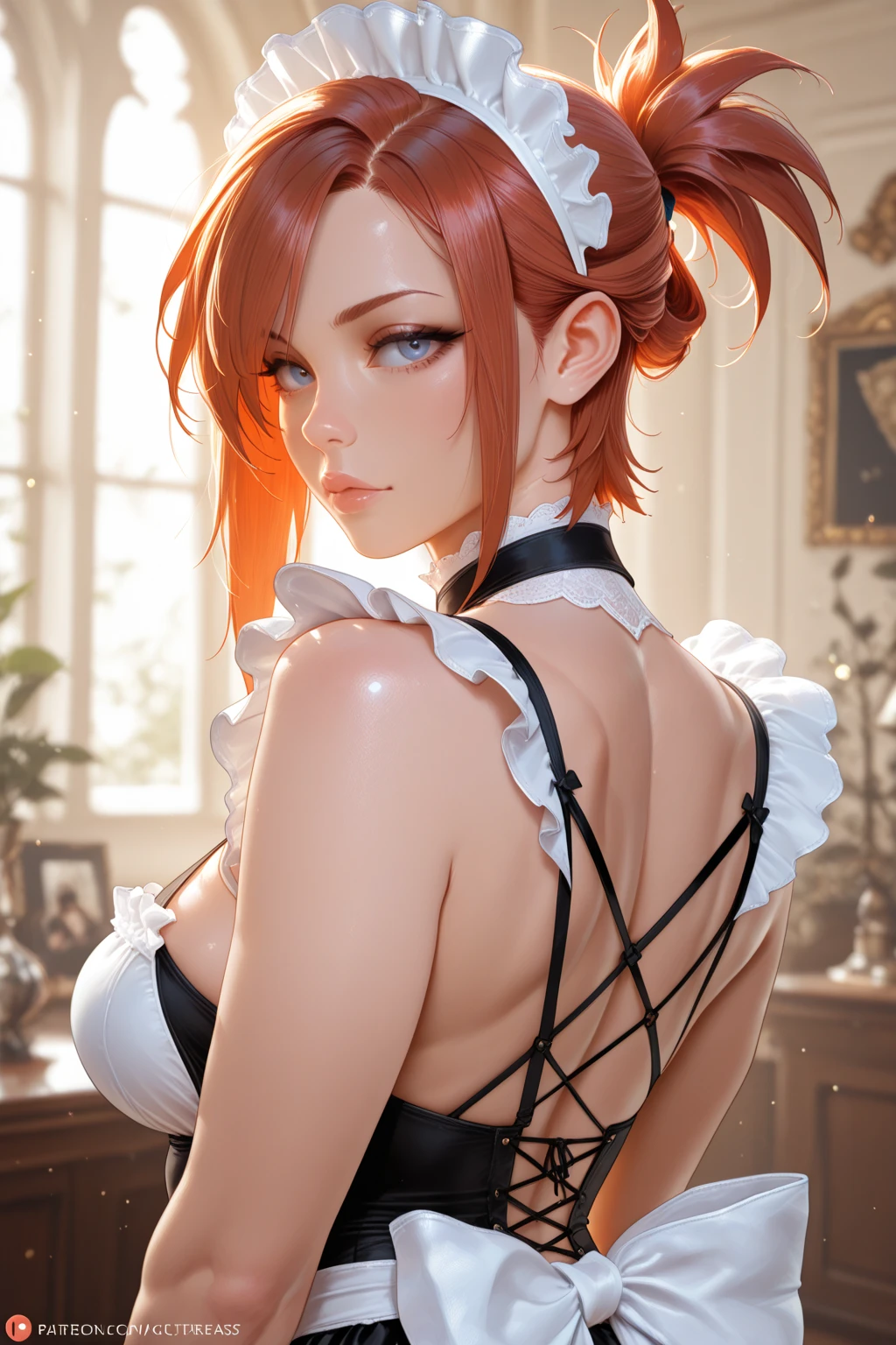 Big breasts,1adult girl, solo, expressive eyes ((blonde hair: 1.4, red tips, multicolored bob hair, choker)), double eyelids, light effect on eyes, green eyes, adult woman, milf, (black top , fishnet stockings) confident face, sfm, eyebrow piercing, ear piercing, navel, nagatiti, hanging breasts, ((Work of art, 16k, realistic, shadow and light on the skin)) makeup, dark lipstick, a living room, tattoo on arms, open waist, (perfect symmetrical body), slignshot bikini , voluptuos,view from behind,bending over bed,huge ass,perky round butt