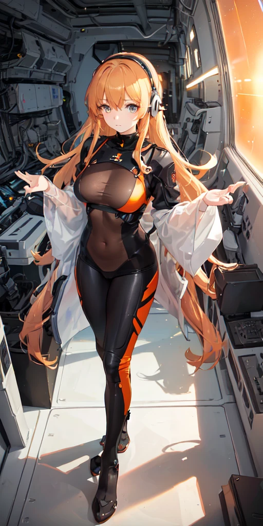 Shot from below、Standing with your legs apart、Standing with feet shoulder-width apart、Cute girl、highest quality、Ultra - High resolution、High resolution、Highly detailed CG、8k unit wallpaper、18-year-old、Careful and gentle eyes,Delicate and beautiful smile、Platinum Blonde Hair、Asymmetrical Hair、((( Dark Skin:1.5)))、(Shiny body,:1.5)、rabbit ears、(((loose socks、big breasts))) 、(Orange motocross jacket with green details, Biker clothes. Detailed design)Double Peace 、Shorts