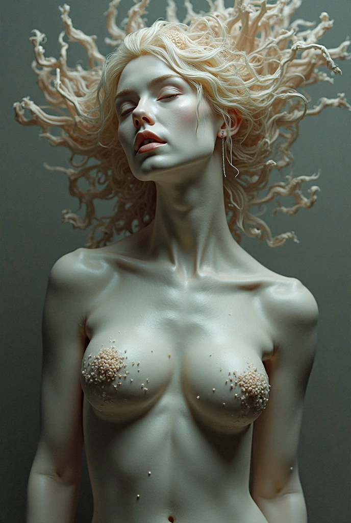 Statue of a woman lying down, neon paint falls on him 