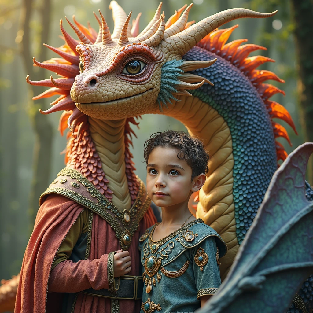 Jeanne-Baptiste Monge, 5 , cute boy, funny, with freckles, a boy with disheveled white hair, curls, big yellow eyes, eyebrows, a house, a snub nose, plump lips with a bow, in a green jumpsuit and sneakers, next to a large green dragon, a book image in the RPG genre, an image from "Dungeons and dragons", fantasy image, book illustration in fantasy style, graphic artist Magali Villeneuve, image of the author in faces, concept art image in fantasy style, realistic illustration in fantasy
