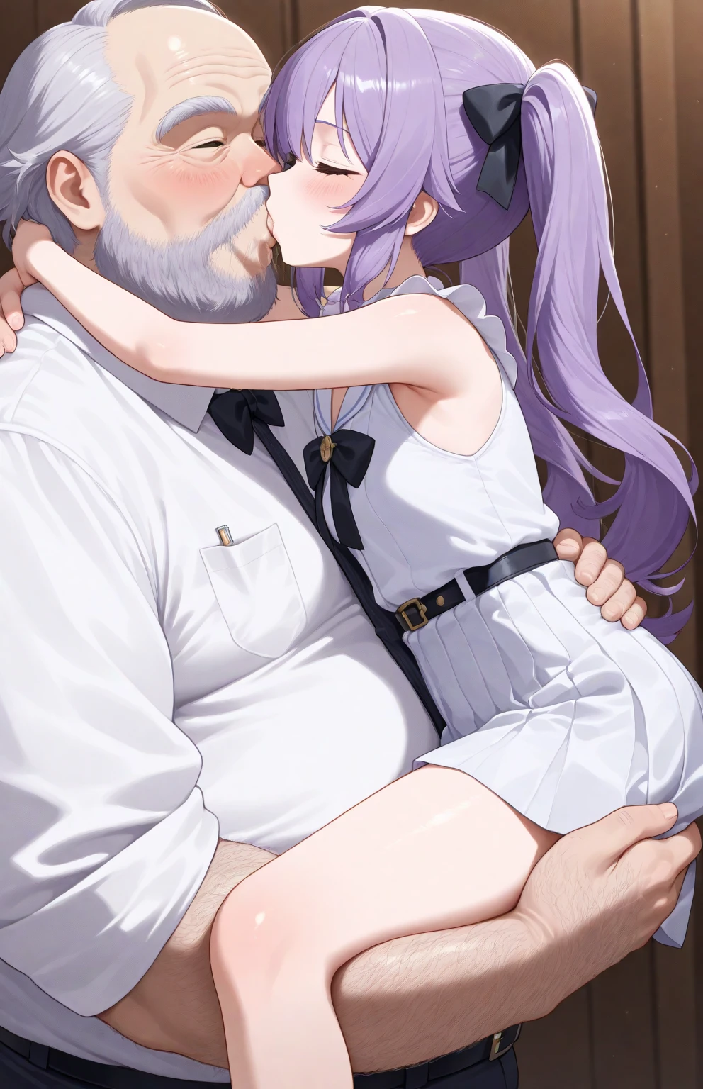 alternate costume, blush, breasts, girl brown hair, choker, cleavage, closed eyes, detached sleeves, dress, frilled choker, frilled dress, frilled hairband, frilled sleeves, frills, hairband, headdress, hetero, large breasts, lolita fashion, lolita hairband, long hair, long sleeves, maid headdress, medium breasts, open mouth, purple bow, purple bra, purple dress, purple footwear, purple gloves, purple headwear, purple jacket, purple legwear, purple panties, purple pants, purple ribbon, purple shirt, purple skirt, purple sleeves, outdoor, forest, night, night sky, 1boy, 1girl, bearhug, carrying, carrying person, arched back , rolling eyes, pain, clenched teeth, boy white hair, boy short hair, close-up