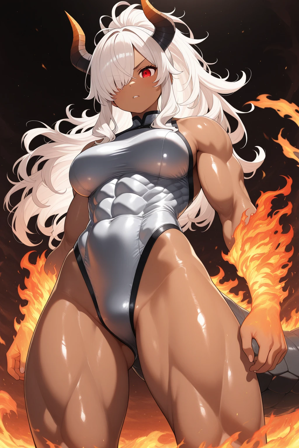 a girl, female focus, (a girl from the Dragon Ball universe) (the girl would wear black clothes, very tight on her body) slim muscles, ripped muscles, would have medium breasts, white hair, pretty face, beautiful girl, (the girl she would be from the Saiyan race from Dragon Ball), (she would be taking off her clothes thus showing off her breasts and genitals, showing her beautiful pussy rossa).