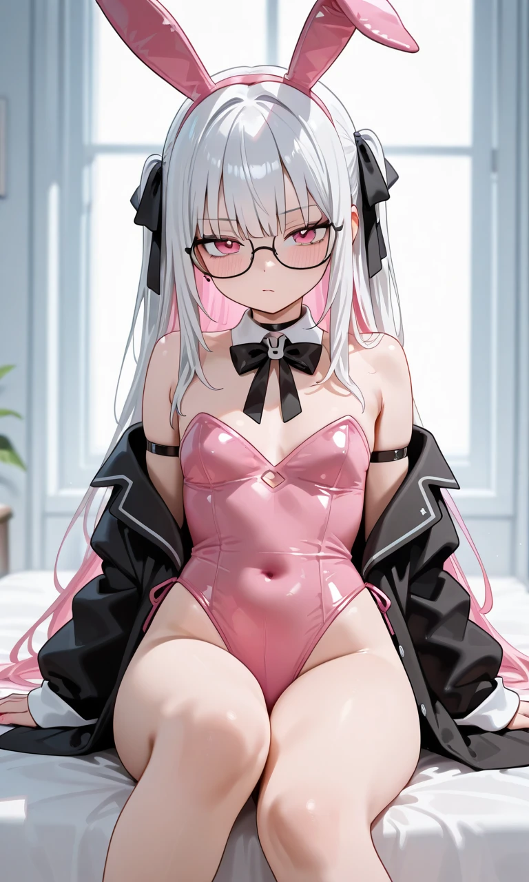 Perfect human body, Beautiful Face, Beautiful long silver hair, Brown Skin, Red Glasses, Golden Bunny Suit, Red leather hot pants, White thigh-high boots, Provocative facial expression, Heart Earrings, Small devil, Beautiful Hands, Beautiful fingers, Beautiful legs, like