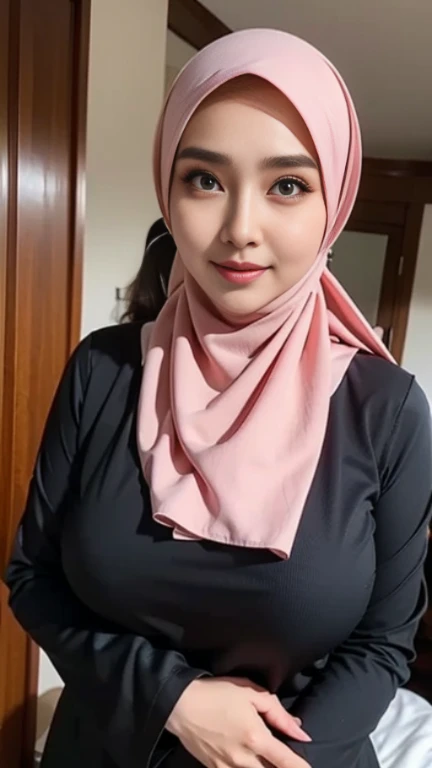 1 lady, 20 years old, best body, wearing pink hijab, hijab covers whole hair, wearing brown sweater, off shoulder, warm lighting , sitting in car, seat belt, night time, casual wear, close shot, shot from high angle, wearing big necklace, shiny skin, big breast (huge breast 1.6), selfie style