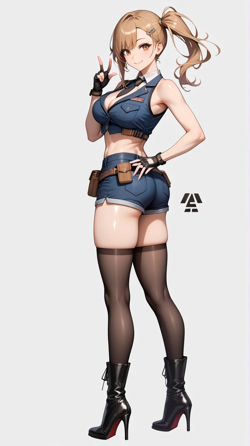 girl,big breasts,Bikini Tops,hot pants,gloves,smile,boots,Knee-high socks,full body Shot,hand pistol,