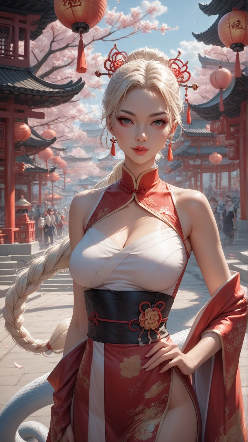 REALISTIC VISION 1.4, BETTER VAE,sharp focus, ultra detail, 32k,realistic photo, intricate details, kitsune, intricate details ,woman, nine tails,intricate details,intricate details,big , Voluptuous body, intricate details, Miko,clothes long white dress with red details intricate details,tattoos intricate details,full body, orange eyes