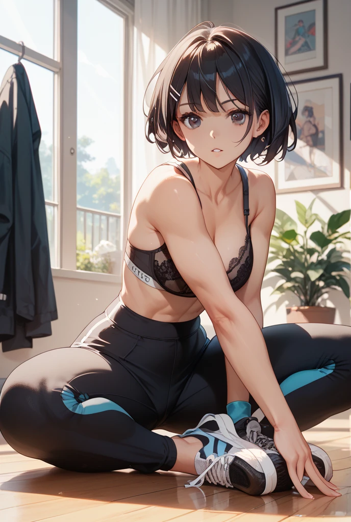 (Best Quality,4K,8K,hight resolution,masutepiece:1.2), Ultra-detailed, (Realistic,photoRealistic,photo-Realistic:1.37), ((full body)),((very-short-hair-girl)), Wearing sweat,grin,arms up,((sports bra and black leggings)), wristbands,White loose socks,Black sneakers,Beautiful detailed eyes, Beautiful detailed lips, extremely detailed eye and face, long eyelashes, Realistic anime 3D style, Smooth Anime CG Art, Digital rendering by Makoto Shinkai, Moe Anime Art Style, photoRealistic rendering of an anime girl, Shinkai Makoto style, Cute anime girl visuals, Realistic young anime girl, girl fan art, Created by Anime Artist'studio of.