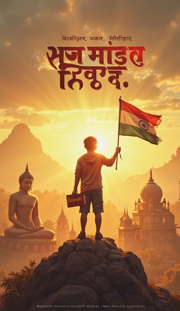 Two childrens and background mountain and Indian flag, realistic photography