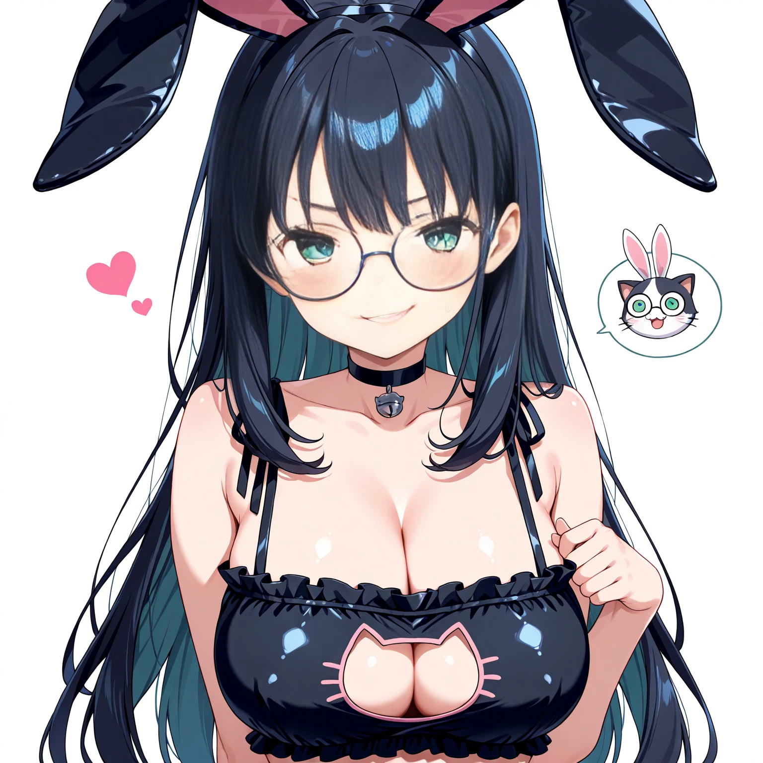 masterpiece,highest quality,wonderful,finely,High resolution,1 girl, big breasts,(playboy bunny:1.3), huge breasts,black hair, glasses, green eyes,twin tails,full body