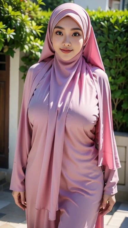 Bikini huge 52 years Old, Hijab Indonesian mature woman, Big Tits : 96.9, Long-sleeveles Shirt, Slim body, Breast about To burst out, at School Corridor, Bright light, at Daytime