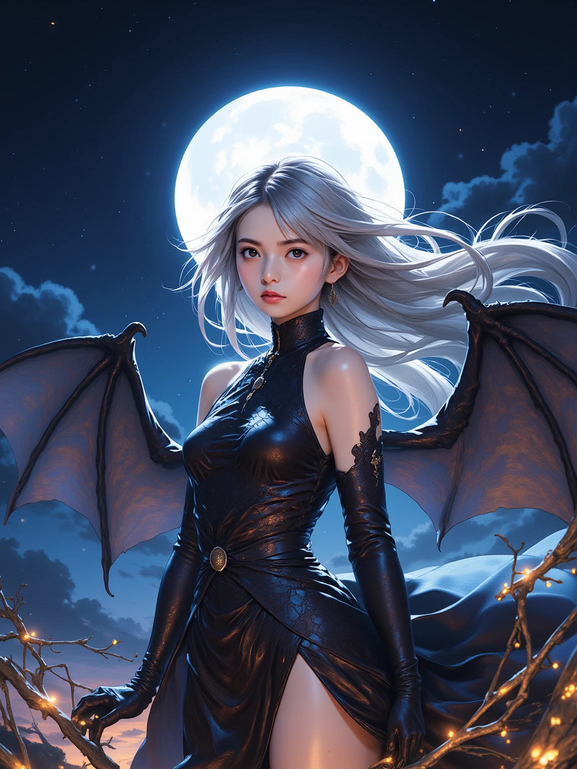 One woman, Very detailed , elegant , Light and vibrant colors , Bat wings are growing , moonlight , Upper Body , 女god , Beauty , Big Rainbow ,  Gray Hair , Covered by long sleeves , Less exposed skin , Small breasts , Taking your eyes off the camera , Lots of flowers , god々Shining light