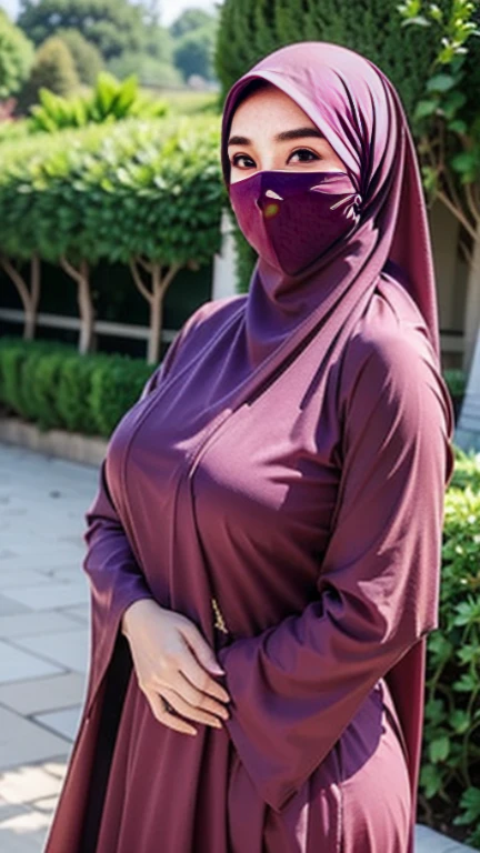 A beautiful Asian girl in a long hijab with tight and clearly visible breasts, With dark colored clothes, and good quality images