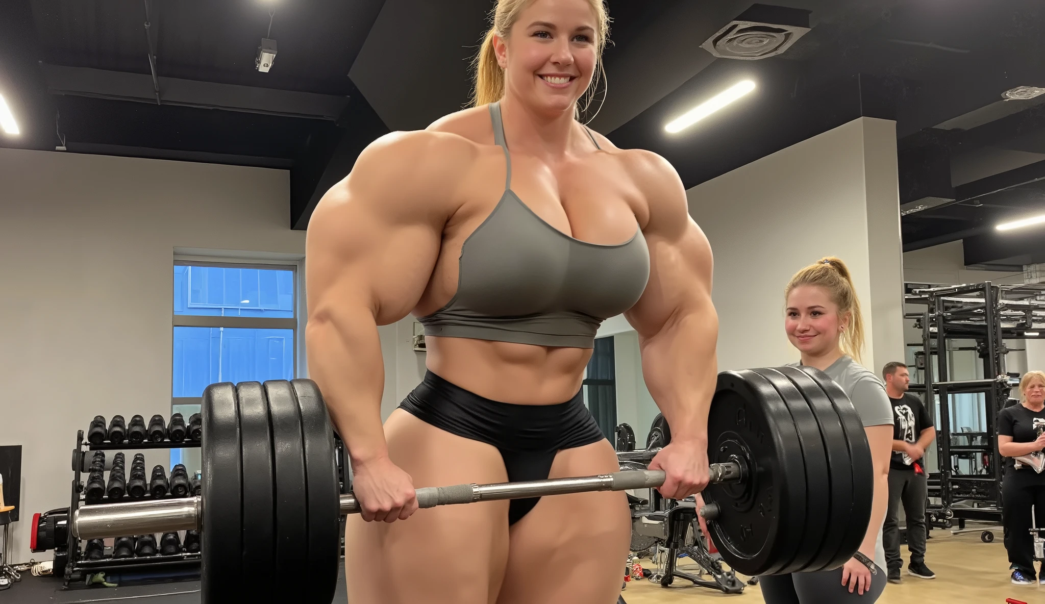 towering, muscular young British woman working out in a modern gym. She has a powerful, bodybuilder physique with extremely defined muscles — massive biceps, broad shoulders, sculpted abs, and thick, strong legs. She wears a sporty gym outfit: a tight-fitting tank top and shorts that show off her muscular build. Her expression is focused and determined as she lifts an enormous barbell effortlessly. She has pale skin, freckles, and shoulder-length ginger hair tied back in a ponytail. The gym background includes other normal-sized people looking up in awe, emphasizing her giant size (about 3 meters / 10 feet tall). Realistic lighting, dynamic pose, high detail.”