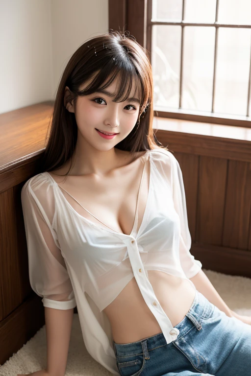 ((top quality, 8K, table top: 1.3, RAW photo)), sharp focus: 1.2, (1 Aespa Girl :1.1), alone, (realistic, realistic: 1.37), (face focus: 1.1), cute face, highly detailed face, brunette short messy hair, small smile, nude, (Take off your uniform like a chiffon shirt, roll up the skirt: 1.3), checked skirt, thigh, sit with one knee up, classroom, flower, Lily、cleavage、big breasts、slouch、Girl in a shortcut