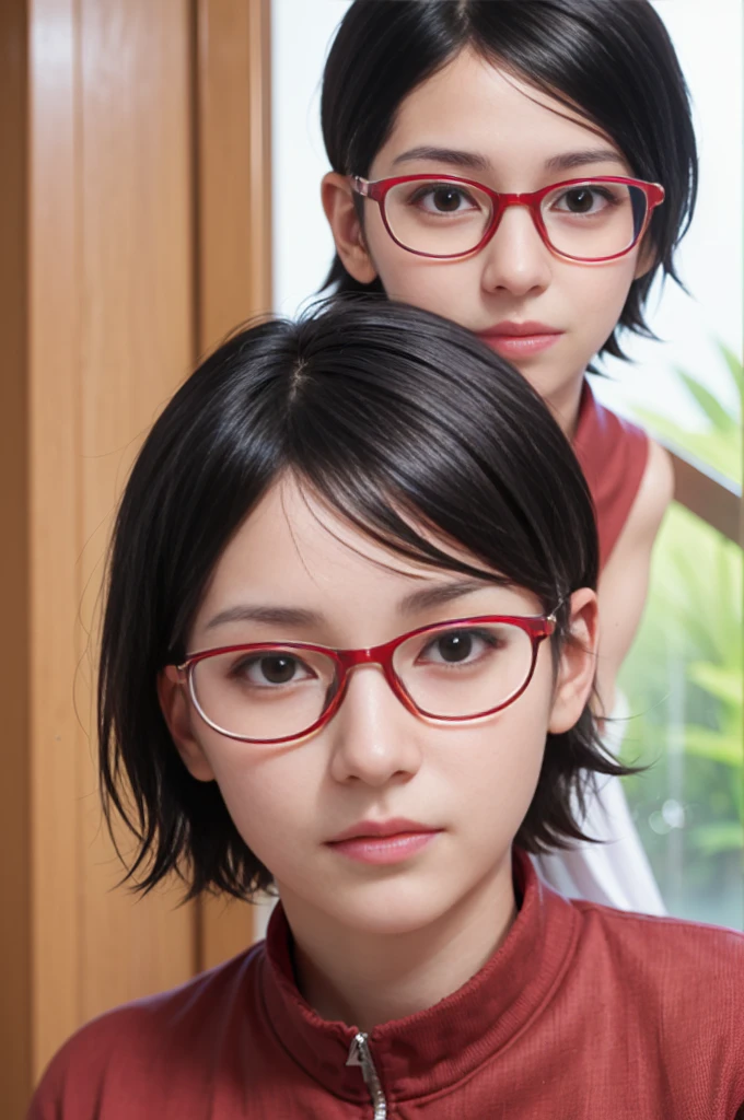 a masterpiece portrait of a beautiful young woman with a small face and angry expression, wearing red glasses , wearing a  and a short skirt, in an office setting, shot with a DSLR camera, high-quality 8k UHD image with realistic skin details, detailed facial features, rim lighting, pink hair