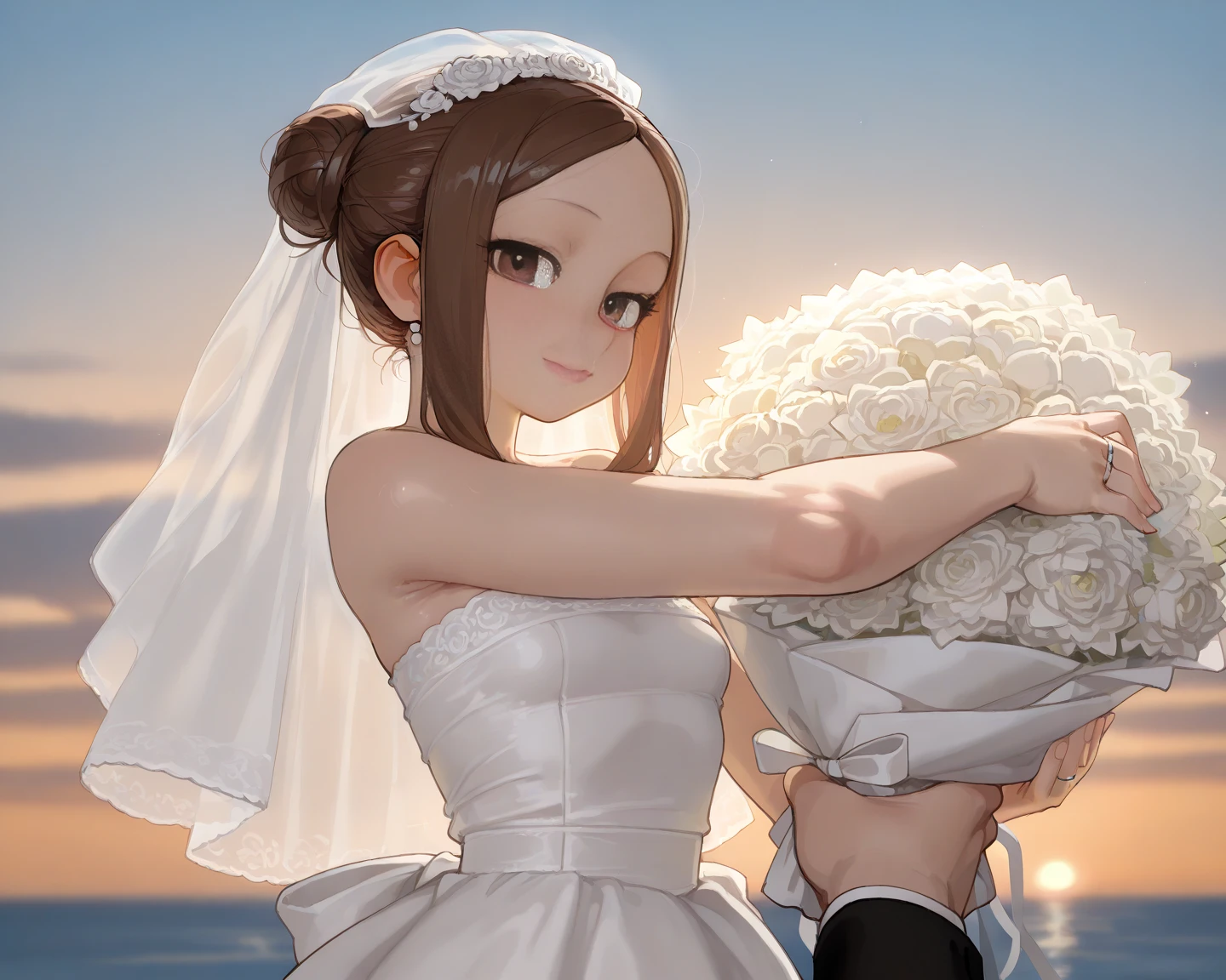solo, looking at viewer,(leaning forward),upperbody, black hair, high ponytail, big forehead,closed eyes smile, gorgeous wedding dress, bouquet, midsummer sky, aristocratic garden,outdoor, running, smile, dazzling,(confetti:1.3),perfect lighting,(depth of field:1.3)