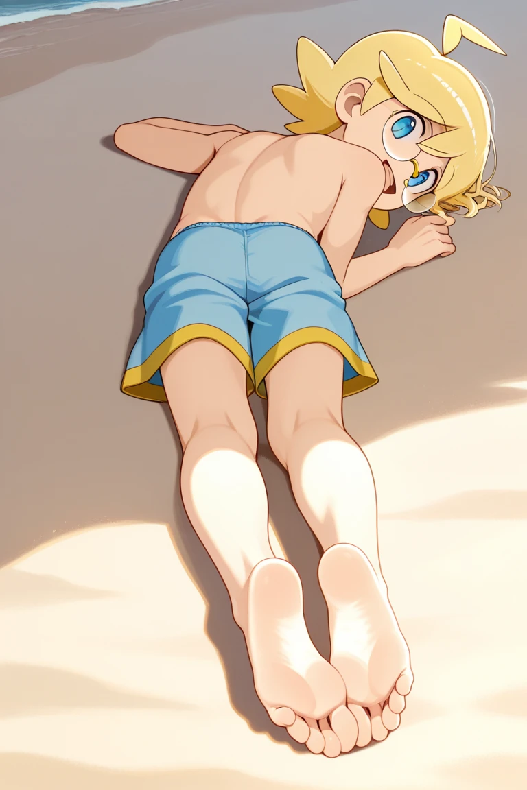 12 year boy with blond hair and blue eyes, swim briefs, very detailed, beach, only briefs, wet body