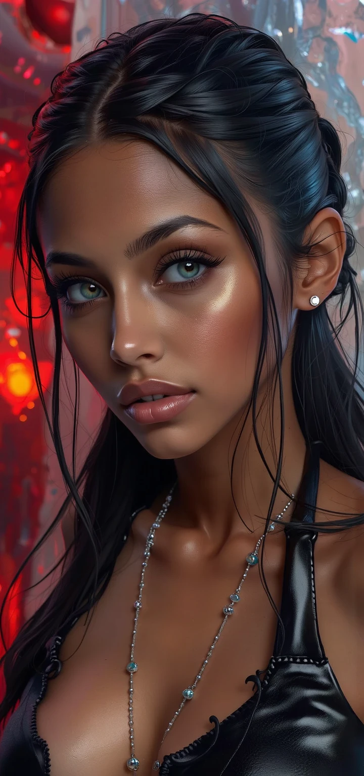 (UHD, retina, masterpiece, accurate, anatomically correct, textured skin, super detail, high details, high quality, best quality, high res, 1080P, HD, 4K, 8k, 16k), (gorgeous mixed supermodel, beautiful detailed blue eyes, beautiful detailed lips, extremely detailed eyes and face), studio lighting, physically-based rendering, vivid colors, (Gigantic Sagging breasts), (micro bikini), (Medium Closeup Shot, side cut, shiny hair, shiny skin, blush), (bokeh), eye reflection,, dark atmosphere, highly detailed skin texture, extreme details, perfect breast, dark tanned skin, freckles,, ultra detailed skin texture, soft lights, flush skin