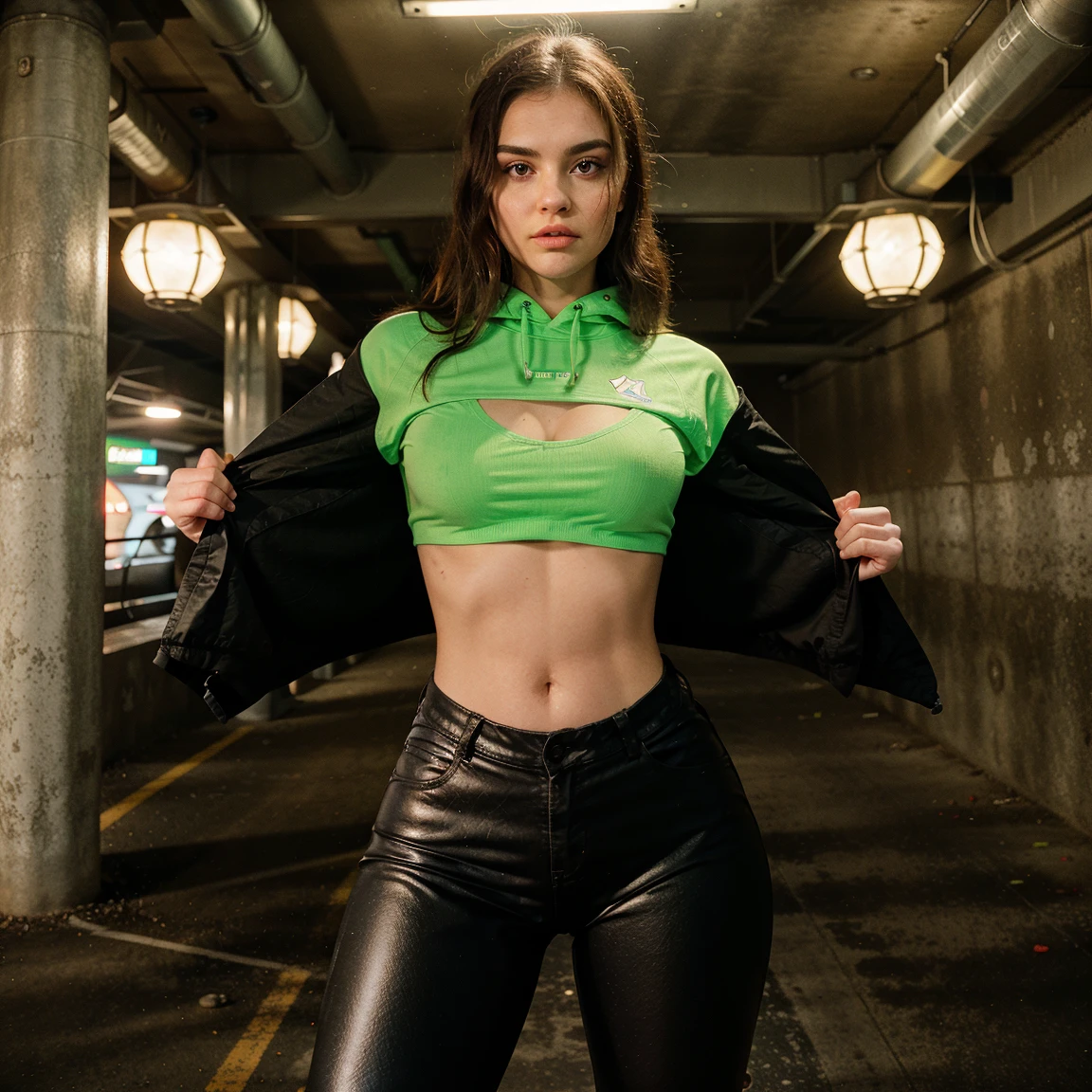 8k, realista, Cyberpunk, Escuro, Noite, green neon light city background, busty girl, long black hoodie green trim, red light streaks
