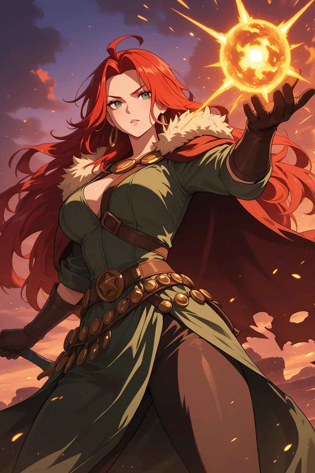 She has long, voluminous red hair that falls in loose curls. Her eyes are a striking green, and her face is oval-shaped with a determined and brave expression. She wears a dark blue dress with gold detailing and a belt that accentuates her waist. She is known for her strong stance and resolute gaze, conveying an aura of independence and courage. 