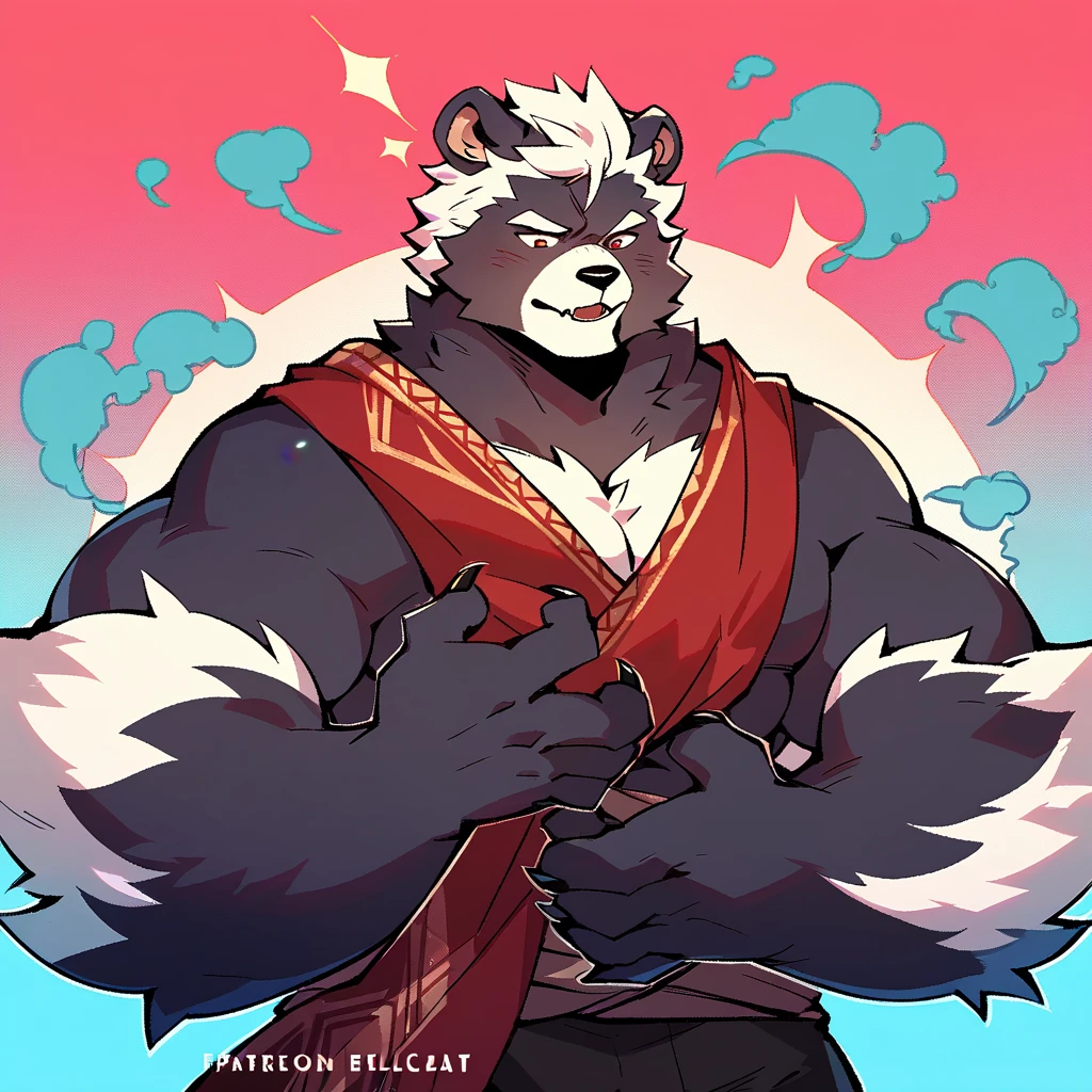 A big bodyguard with exaggerated muscles, strong figure, beard, Male panda with black and white skin, Square Line Buzz Hairstyle, （Naked: 1.2), (Bara pectoralis: 1.3), (Arm and chest hair: 1.1), ((Stick out your tongue and gasp))，(blush:1.1)，((Cute expressions))，Temple Background，8k，(high quality)，(Ultra HD)，(Ultra Detailed)