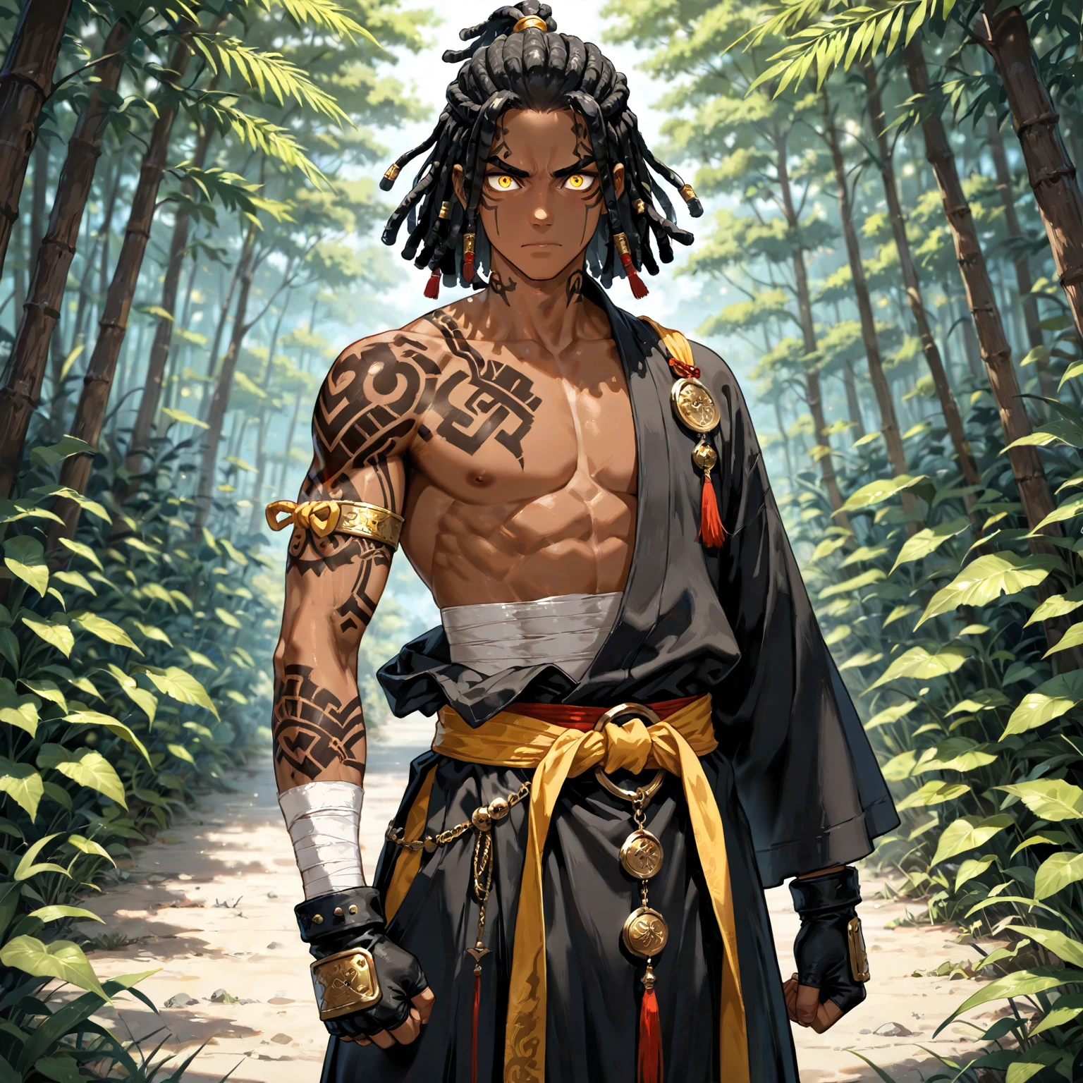 African man , braided hair , greeneyes, warrior clothing