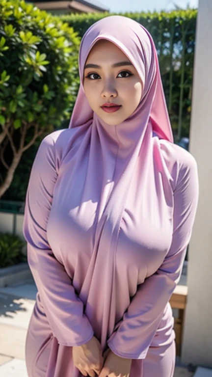 (Extremely detailed, In the underground car park,Hijab Indonesian MILF, white skin body, Slightly fat, plump, A big-breasted, Gigantic big tits, Refined face, sexy for  Magazine, Purple crewneck dress, Tight dress, Close-up of people, Hi-Def, photorealistic perfect body, very very very realistic)