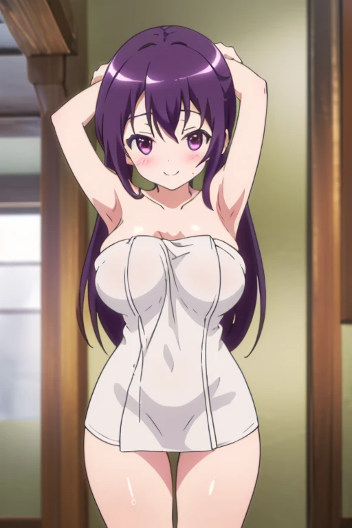 Score_9, Score_8_up, source_anime, BREAK solo, 1girl, looking at viewer, cowboy shot, Tohka Yatogami, long hair, purple hair, purple eyes, very long hair, ponytail, white bow, headband, naked towel, towel, 
big breasts, blushing, surprise, hands up, cleavage, thick thighs, slight smile, open mouth, adjusting clothes, 
outdoor, starry sky, cabin, onzen, steam, partially submerged, sitting,