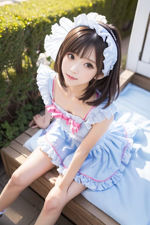 ((best quality)), ((masterpiece)), (detailed), perfect face, little sister, ten years old, big eyes, smile face, short hair, wearing dress pink and wearing hat, full body, at the school