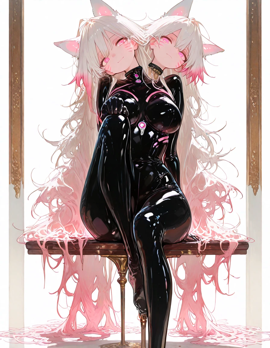 A female vampire,sexy,black eyes,white hair,playful,glowing design,big breast,bunnysuit