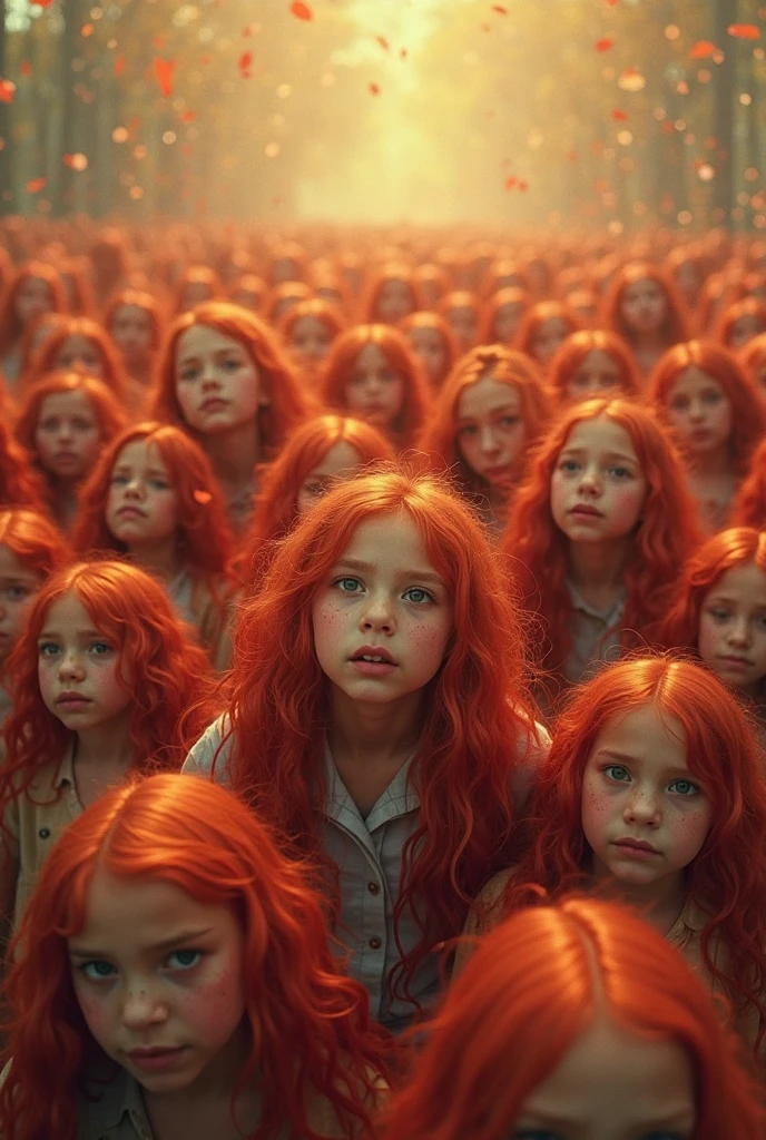 three girls with long red hair and red wigs posing for a picture, red glowing hair, orange glowing hair, long glowing red hair, infrared hair, red hair girl, orange skin and long fiery hair, hair like fire, red hair and attractive features, long fire hair, long orange hair, perfect android girl family, by Bernardino Mei, fiery red hair
