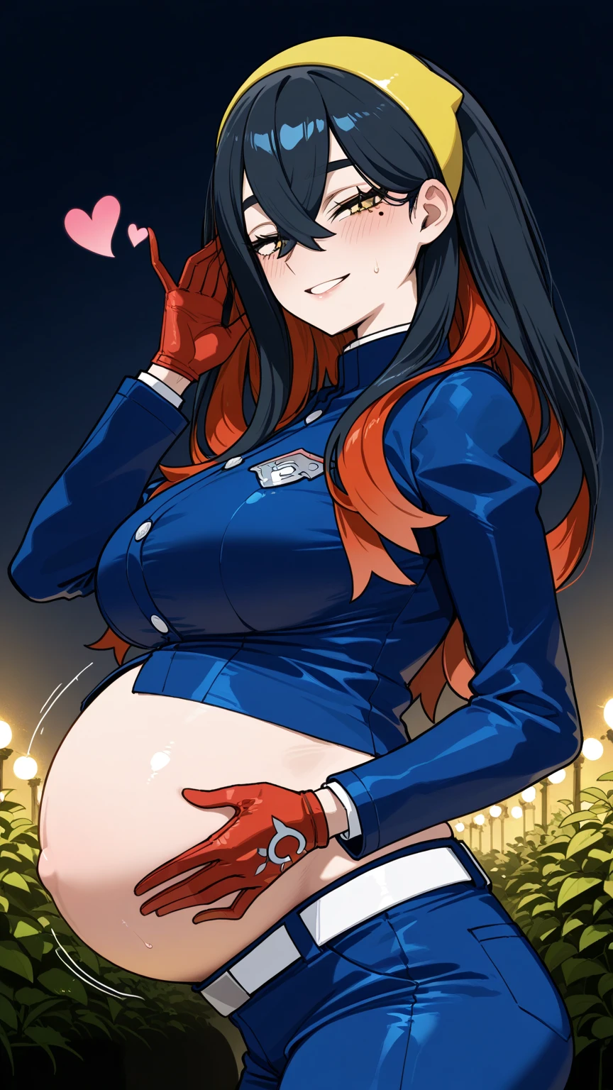 (masterpiece, best quality:1.2), solo, 1girl, pokemoncarmine, expressionless, looking at viewer, mole under eye, hairband, fishnets, long sleeves, red gloves, nsfw, nudity, topless, nudity, pregnant, super pregnant