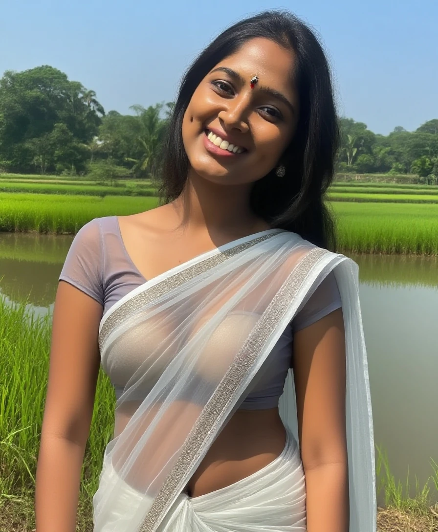 Side by side photo of a mallu village woman , (saree:1.2), harvesting, ((paddy field:1.4)),fair skin,tall, seductive, detailed cute face, full lips, smiling, hyper realistic, ((skinny:1.0)), clothed, full body shot, visible navel, cleavage, messy black hair