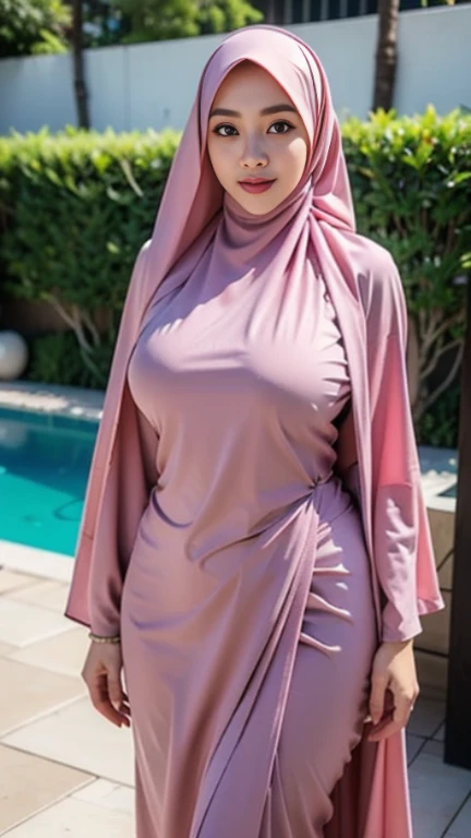 RAW, Best quality, high resolution, Masterpiece: 1.3), Beautiful Korean woman in hijab, Masterpiece, Perfect slim body, ((Big breasts)), Beautiful big eyes, water eyes, Soft smile,hijab, (tight dress), red dress, longsleeve, sexy body, (black short skirt), pencil skirt, panties, black background, (extremely detailed skin, extremely detailed hijab),morning time, laughing, happy, bright sunlight, flower garden path, blurred background, bokeh,