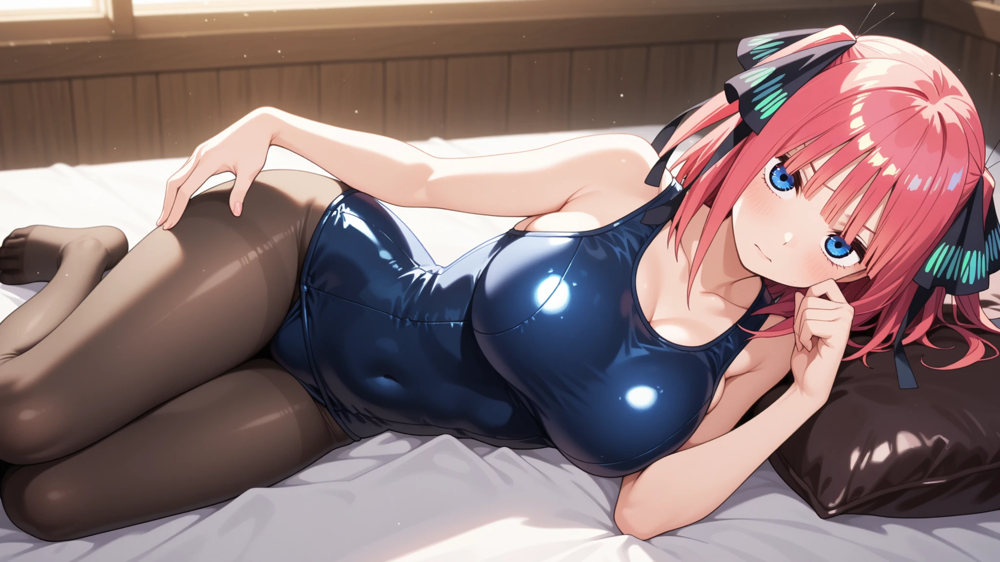 masterpiece, best quality, highres, nishikino maki,purple eyes, red hair, sideboob,one-piece swimsuit,low cut at hips, laying on side ,on bed, looking at viewer , (love live,:1.2),Sexual seduction,wet body ,one breast out 