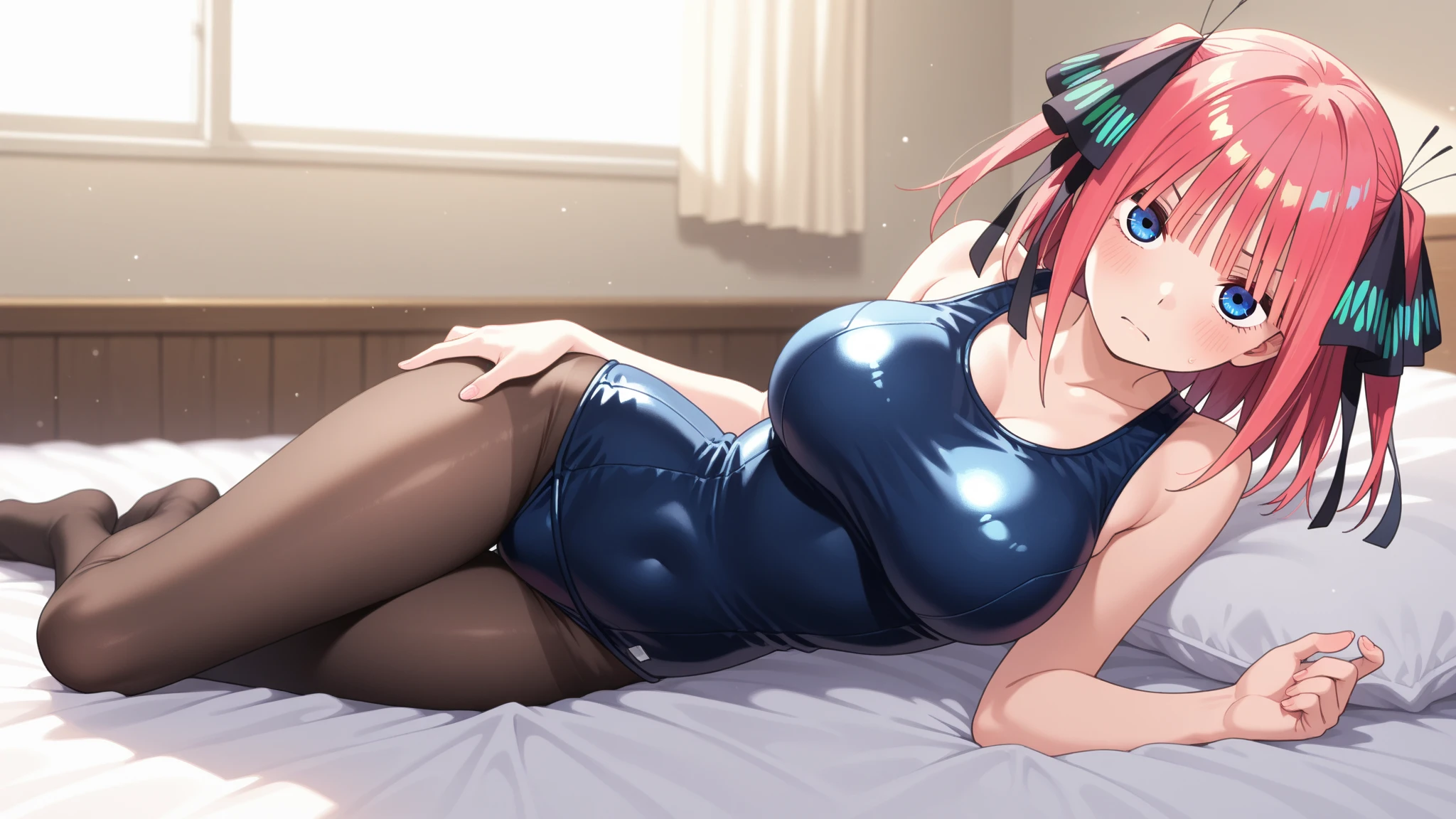best quality, insanely detailed, nino nakano, breasts, blush, bedroom background, looking at viewer, one-piece swimsuit, cheerful eye, pantyhose
